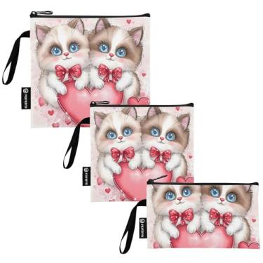 Imagem de Cute Cats Love Valentine Lanche Sacos de sanduíche reutilizáveis laváveis sacos de armazenamento de alimentos com zíper para crianças e adultos (conjunto de 3: P/M/G)