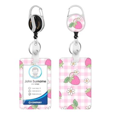 Imagem de Porta-crachá de identificação xadrez rosa flor de morango com molinete retrátil resistente, chaveiro, cartão de identificação para mulheres, professores, enfermeiros, médicos, estudantes, escritório