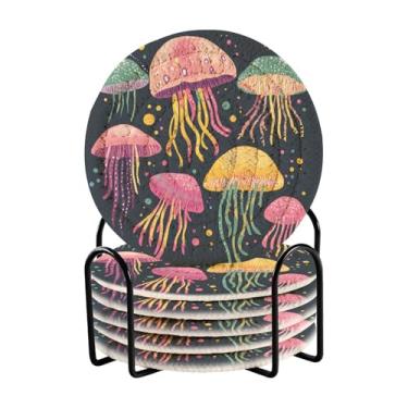 Imagem de Conjunto de 6 porta-copos de bar circular preto medusa colorida com rack de armazenamento preto, 10 cm de diâmetro, porta-copos para mesa