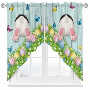 Imagem de W1naFun Cortinas de Páscoa para Janelas Rabo de Coelhinho Cortinas de Cozinha com Bolso de Haste para Sala de Estar Quarto 142 cm L x 91 cm C 2 Painéis Ovos de Páscoa Coelho Madeira Grão