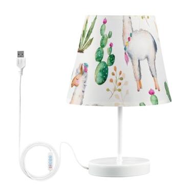 Imagem de GAIGEO Candeeiro de mesa USB com estampa engraçada personalizada, fofo, regulável, fofo, cacto, alpaca branca, cabeceira, lâmpada de LED quente, para quarto de crianças