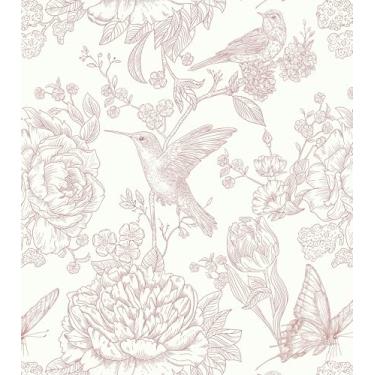 Imagem de Safiyya Papel de parede rosa para contato borboleta pássaros florais 44 x 500 cm papel de parede vintage autoadesivo removível para quarto, banheiro, lavanderia, fazenda, rolos de vinil