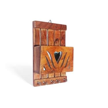 Imagem de Nautical Store kings Porta-chaves marrom de madeira com espelho elegante com caixa de armazenamento, suporte para celular, suporte de caneta e suporte de 5 ganchos de madeira para parede de casa