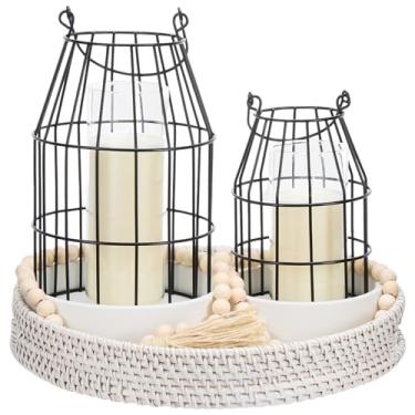 Imagem de Mumufy Conjunto de 4 decorações de casa de fazenda rústica, 2 peças, lanterna, vela, metal, rústico, castiçal, 1 bandeja redonda de vime com 1 cordão de contas de madeira para sala de estar, cornija