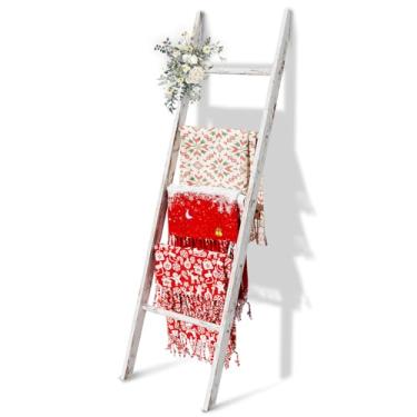 Imagem de Escada para cobertor de madeira com 5 andares, suporte de colcha de 1,6 m, escadas decorativas, montagem fácil, prateleira rústica para casa de fazenda para sala de estar, quarto, banheiro, decoração