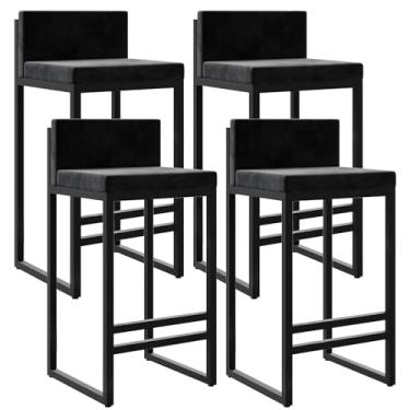 Imagem de Banquetas de veludo com altura para balcão com apoio para os pés nas costas para cozinha, banquetas modernas de metal, cadeiras de bar estofadas, bancos de ilha - preto, 4 peças, 65 cm de altura