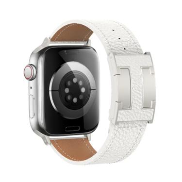 Imagem de Astorgos Pulseira de couro magnética compatível com Apple Watch Series 10 de 42 mm, 9/8/7 de 41 mm, SE2/SE/6/5/4 de 40 mm, 3/2/1 de 38 mm, feminino e masculino, bege/prata