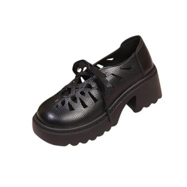 Imagem de Sapatos femininos de couro vazado com cadarço de fundo grosso, salto casual, 7 cm de altura, confortável, Preto, 34