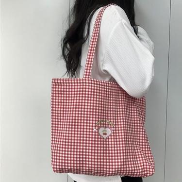 Imagem de Bolsa de ombro xadrez – Bolsa elegante de lona xadrez vermelha e branca, sacola de grande capacidade com zíper, bolso para telefone para mulheres, Vermelho