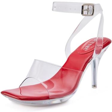 Imagem de NBUUNBU Salto transparente para mulheres, sexy, tiras transparentes, tiras no tornozelo, sapatos plataforma, salto gatinho, bico quadrado, sandálias confortáveis, Vermelho, 40