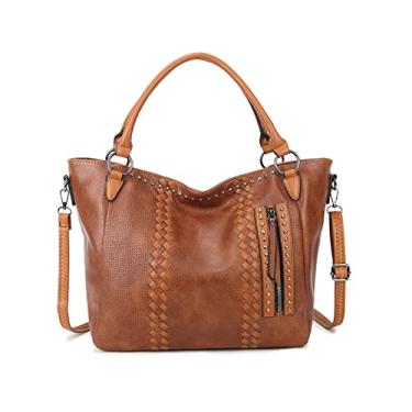 Imagem de SO Bolsa feminina fashion bolsa de ombro feminina bolsa transversal grande bolsa de alça superior bolsa mensageiro de couro PU bolsa mensageiro viagem trabalho namoro bolsa, Marrom, L, Sacolas