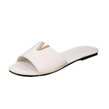 Imagem de Moda Feminina Casual Versátil Fivela em V Enfeite Férias Verão Atraente Requintado Sandálias Planas Abertas Chinelos Femininos Material PU, Branco, 36