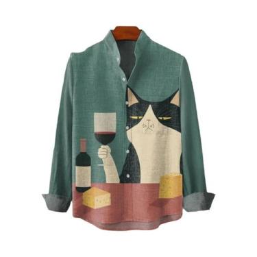 Imagem de Camisa De Linho Masculina Com Estampa Retrô De Gatinho, Manga Longa, P