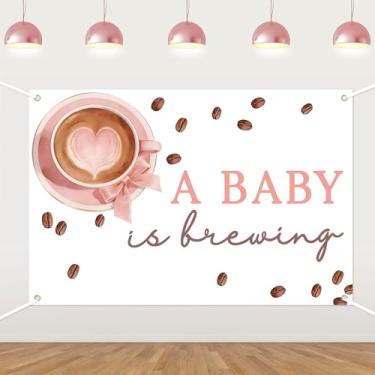 Imagem de A Baby is Brewing Pano de fundo de café rosa, decoração de chá de bebê, cenário de festa com tema de café rosa empoeirado, cabine de fotos de festa reveladora de gênero para meninas, chá de café