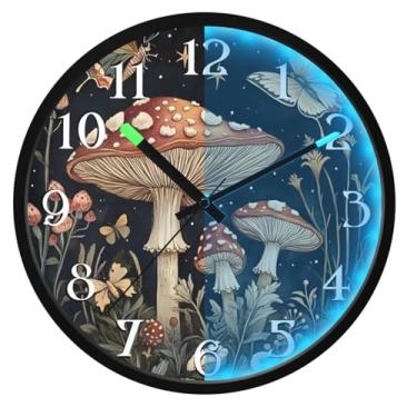 Imagem de ALAZA Cogumelos flores borboletas (2) relógios de parede que brilham no escuro operado por bateria relógio de parede silencioso 30,5 cm sem tique-taque relógio de luz noturna para quarto