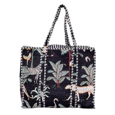 Imagem de Bolsa feminina acolchoada de algodão | Bolsa de ombro leve com bolso interno, Preto, Large, Sacola com estampa acolchoada