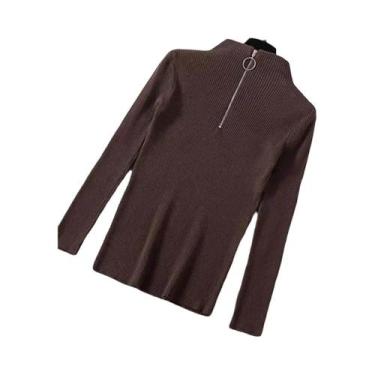 Imagem de Suéter Feminino Vintage De Tricô Com Zíper, Manga Longa, Gola Alta, Ca