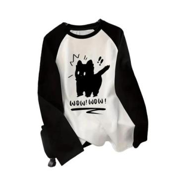 Imagem de Camiseta Feminina De Manga Longa Com Design De Gato Preto, Casual, Dec