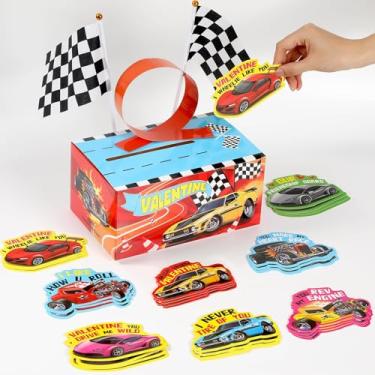 Imagem de Caixa de carro de corrida de Dia dos Namorados para crianças, faça você mesmo, caixa de correio com 32 cartões de dia dos namorados, 2 bandeiras quadriculadas para meninas, meninos, escola, sala de