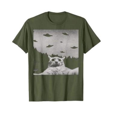 Imagem de Camiseta Feminina Estilo Harajuku Alienígena Gato OVNI Preto Clássica 