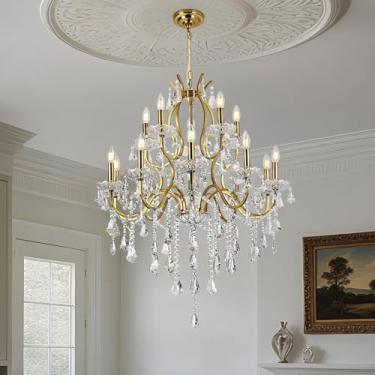 Imagem de Byusmy Lustres de cristal modernos para sala de jantar pingente de cor de latão luminária sala de estar quarto entrada cozinha 15 luzes diâmetro 31,5