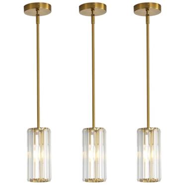 Imagem de Giawosth Pacote com 3 lâmpadas pendentes modernas douradas para ilha de cozinha, conjunto de mini lustres de cristal de 1 luz com base E26, luminárias pequenas suspensas de luxo para sala de jantar