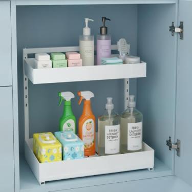 Imagem de Organizador embaixo da pia, organizador de balcão de banheiro, pacote com 2 camadas brancas em forma de L, aço carbono de altura ajustável, armazenamento sob o armário com gaveta, uso para cozinha