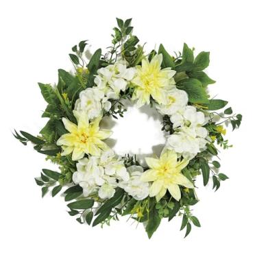 Imagem de Nztze Guirlandas de 55 cm para porta da frente, guirlanda de flores de primavera e verão - flores artificiais de dália amarela para decoração de casa, parede de fazenda, varanda, decoração de porta da