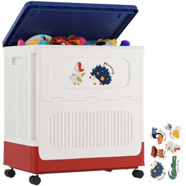 Imagem de HAIXIN Caixa de armazenamento com tampa – Caixa de armazenamento de plástico de 60 litros com rodas, organizador flip-top para roupas, baú de brinquedo grande com adesivos de animais para crianças
