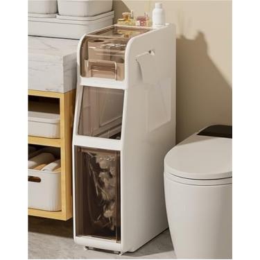Imagem de Armário de armazenamento multifuncional com rodas - Organizador versátil para banheiro, cozinha e sala de estar com lixeira embutida - Solução móvel e econômica de espaço