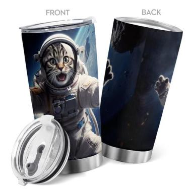 Imagem de Caneca Tumbler Oasisdream de aço inoxidável 600 mL com estampa de gato