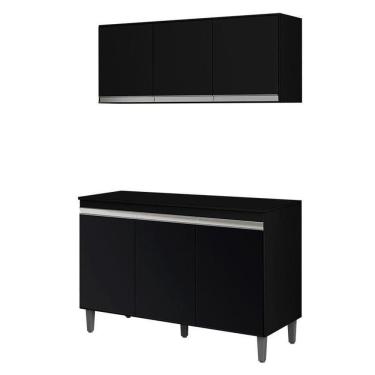 Imagem de Balcão De Cozinha Manu Com Tampo 120 Cm E Armário Aéreo Andréia Preto Fosco - Ajl