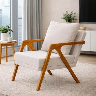 Imagem de Poltrona Mona Pés De Madeira Linho Sala Escritorio Decoração Cor:Bege 