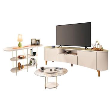 Imagem de Rack Bancada Elara Off White Champanhe E Mesa De Centro Sky Com Tampo De Vidro E Aparador Infinity Off White - Hb Móveis