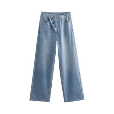Imagem de Calças Jeans Vintage De Cintura Alta Assimétricas Para Mulheres Com Bo
