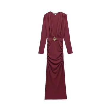 Imagem de Vestido Midi Borgonha Feminino Manga Longa Elegante Vintage Festa Noit