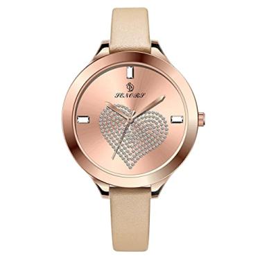 Imagem de Relógio de pulso de couro legítimo, relógio de quartzo para mulheres em forma de coração com strass brilhante, mostrador moderno, vestido de negócios à prova d'água, relógio feminino, presente elegante, ouro rosa