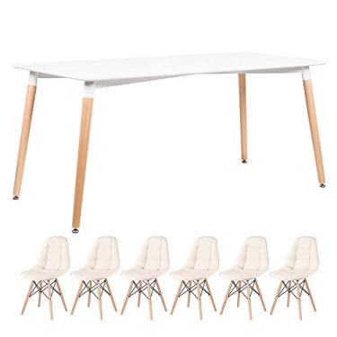 Imagem de Loft7, KIT - Mesa retangular Eames 80 x 160 cm branco + 6 cadeiras Botonê Creme