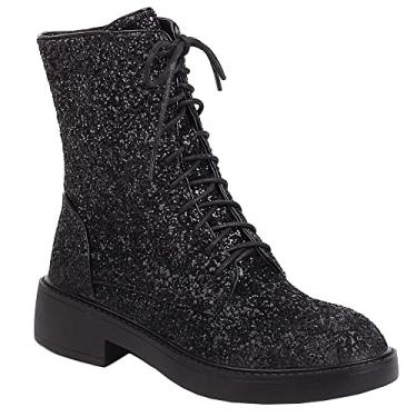 Imagem de YIYA Botas femininas de combate de lantejoulas com glitter, bico redondo, salto baixo grosso, zíper lateral, botins brilhantes, Preto, 35
