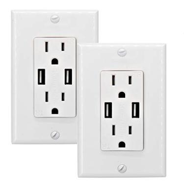 Imagem de OviiTech Carregador de parede de alta velocidade duplo de 2,4 AMP tomada USB, tomada resistente a adulteração de 15A, 2 placas de parede incluídas, branco (pacote com 2)