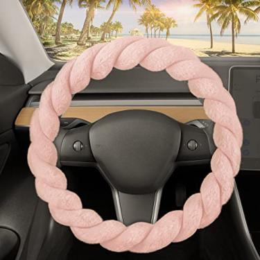 Imagem de Carbella Capa de volante rosa macia de pele torcida, tamanho padrão de 35 cm serve para a maioria dos veículos, capa de direção de carro fofa e macia com toque de pele sintética