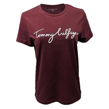 Imagem de Tommy Hilfiger Camiseta feminina de algodão de desempenho – Camisetas estampadas leves, Borgonha (logotipo da escrita), XXG