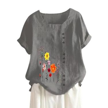 Imagem de Camiseta feminina de linho, estampa floral, manga curta, caimento solto, gola redonda, camiseta de verão para sair, Cinza escuro, 3G