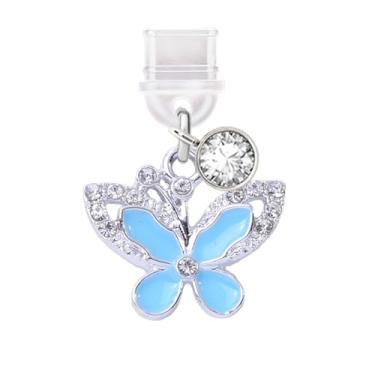 Imagem de ELISE & FONDA TP343 Tipo-C porta de carregamento USB plugue antipoeira pequeno pingente de celular borboleta de cristal para iPhone 15 e Samsung/OnePlus/Xiaomi/oppo telefones Android (azul),