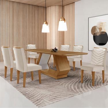 Imagem de Mesa para Sala de Jantar Alvorada 180cm MDF Tampo Laminado Canto Copo e 6 Cadeiras Liz - Veludo Creme/Off White/Imbuia