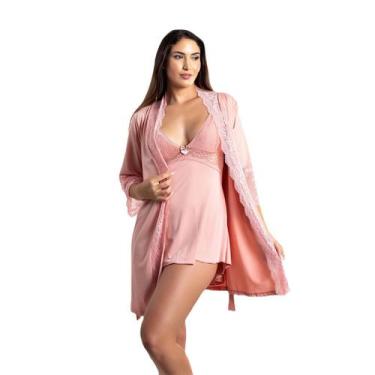 Imagem de Kit Camisola Amamentação com Click Frontal e Robe Luxo - Roupa De Dorm