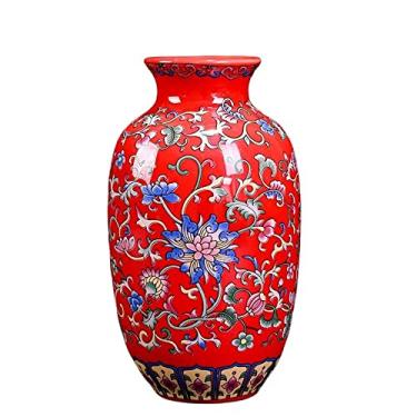 Imagem de YlobdolY Vaso de cerâmica pequeno para flor, feito à mão, elegante, vintage, pintura chinesa, esmaltado, vermelho, vasos decorativos de porcelana esmaltada para escritório, casa (E)