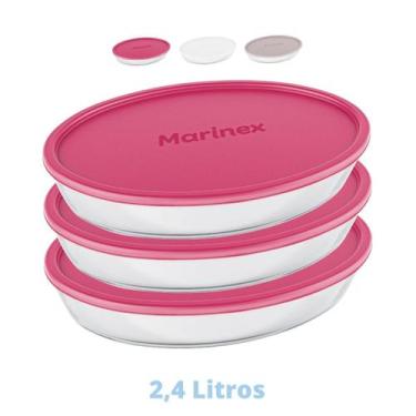 Imagem de 3 Assadeiras Oval Vidro 2,4L Costela Doces Marinex Com Tampa - NADIR F