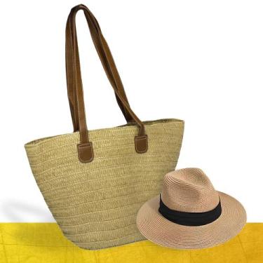 Imagem de Kit Chapéu Palha ABA MÉDIA + Bolsa GOLD Tote Alça Grande Praia Feminin