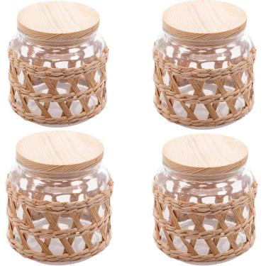 Imagem de Kit 4 Potes Herméticos de Vidro 520ml Sisal Tampa Madeira Porta Mantimentos Wolff